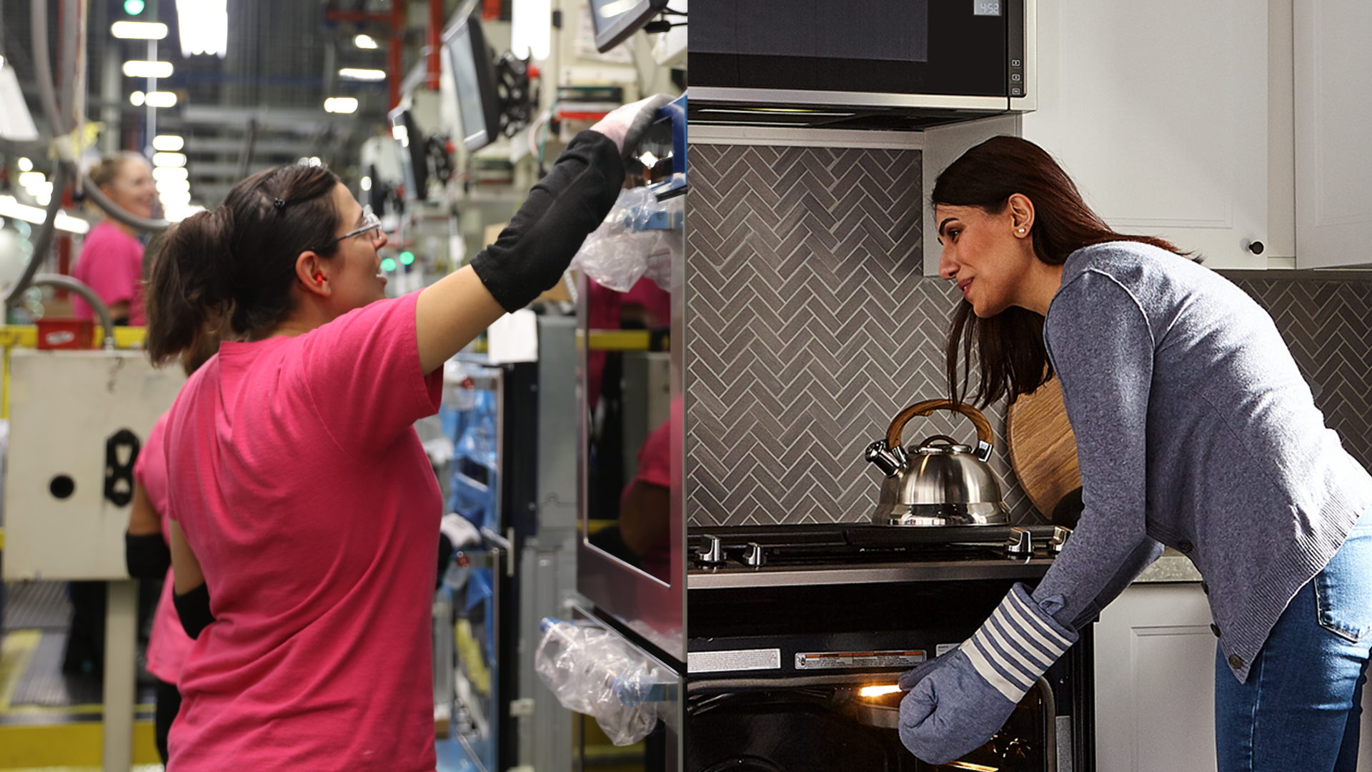 Whirlpool employee assembling an oven next to a consumer using oven